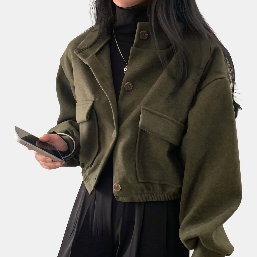 Women's Oversized Leather Cropped Bomber Jacket, Stand Collar