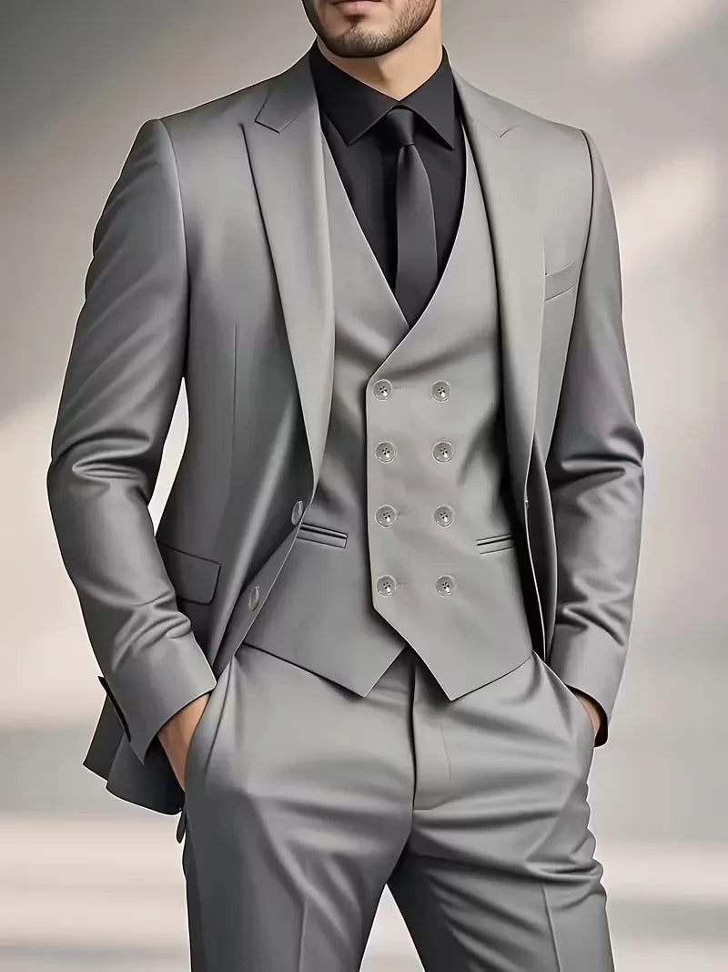 Slim Fit Double-Breasted Three-Piece Suit Set with Waistcoat for Men