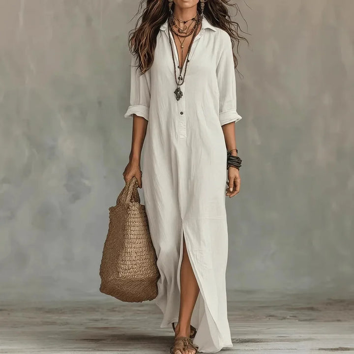 Casual Linen-Blend Shirt Dress with Button Placket and Side Slits