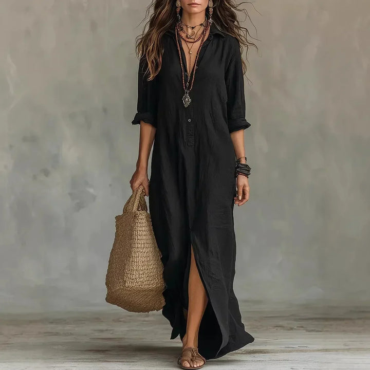 Casual Linen-Blend Shirt Dress with Button Placket and Side Slits