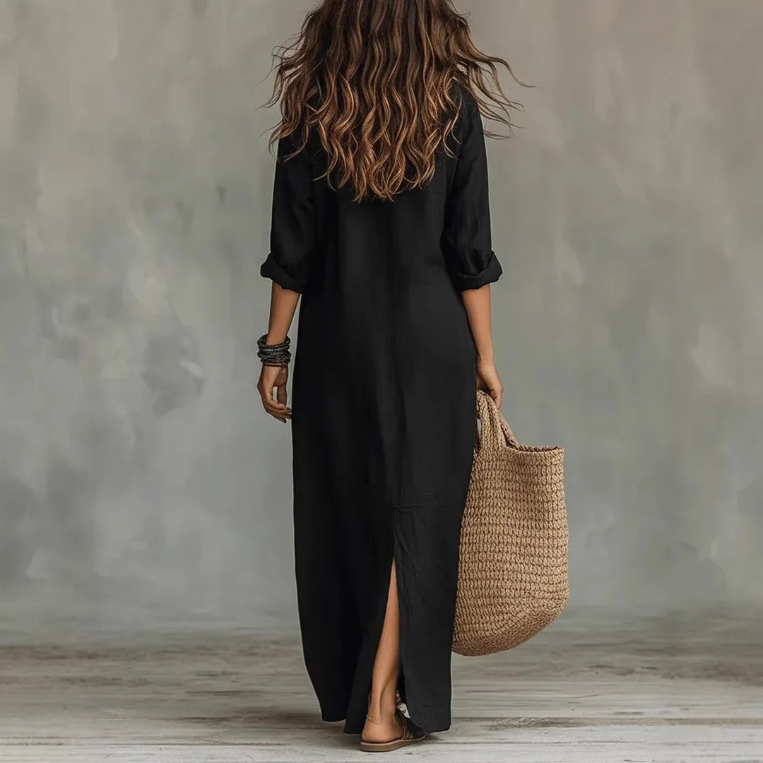 Casual Linen-Blend Shirt Dress with Button Placket and Side Slits