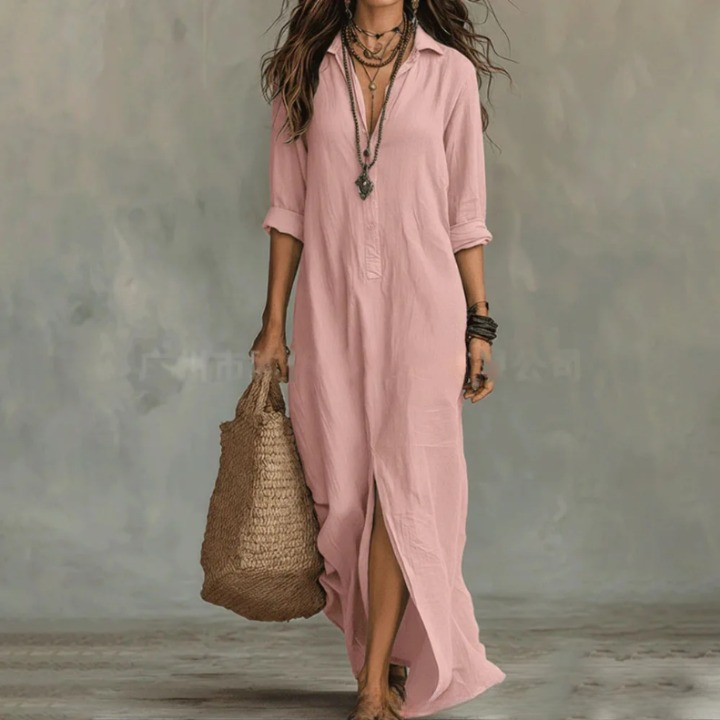 Casual Linen-Blend Shirt Dress with Button Placket and Side Slits
