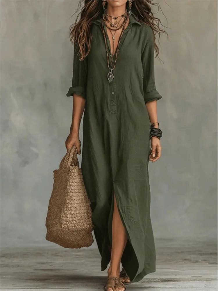Casual Linen-Blend Shirt Dress with Button Placket and Side Slits
