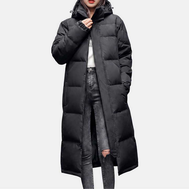 Women's Winter Long Puffer Jacket, Zip Front Side Pockets