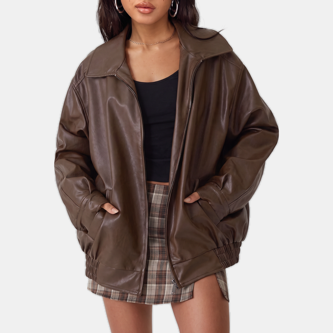 Women's Oversized Leather Bomber Jacket, Zip Front