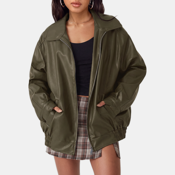 Women's Oversized Leather Bomber Jacket, Zip Front