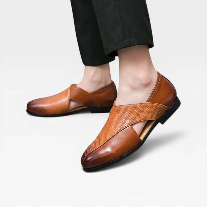 Men's Genuine Leather Loafers – Classic Cross Strap Slip On Smart Dress Shoes