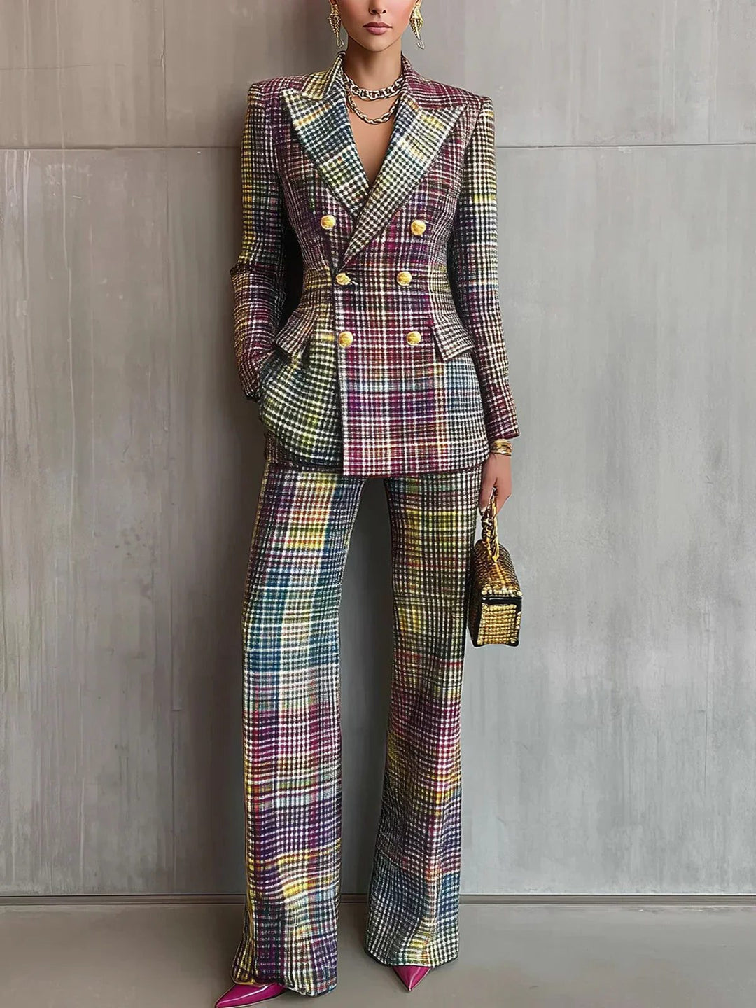 Checked Double-Breasted Suit Set for Women
