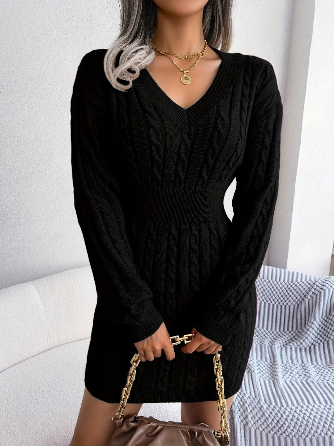 Tabitha | Cable-Knit Cinched-Waist Sweater Dress