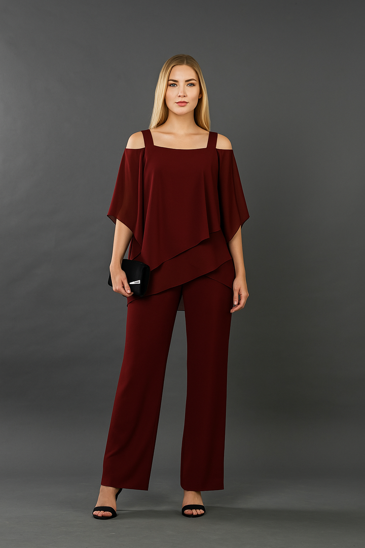 Formal Chiffon Pant Set with Asymmetrical Overlay and Cold Shoulder