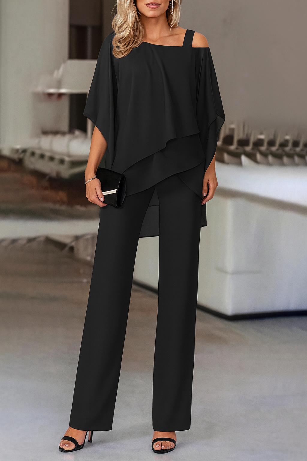 Formal Chiffon Pant Set with Asymmetrical Overlay and Cold Shoulder