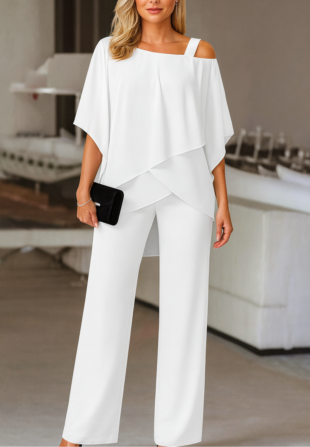 Formal Chiffon Pant Set with Asymmetrical Overlay and Cold Shoulder