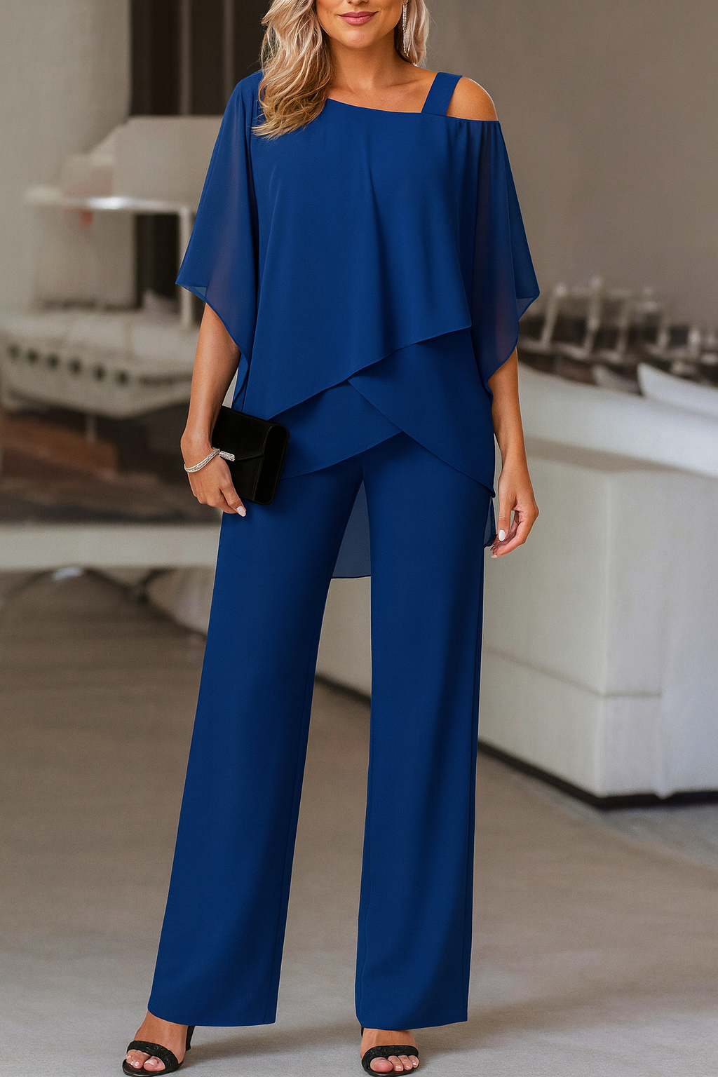 Formal Chiffon Pant Set with Asymmetrical Overlay and Cold Shoulder
