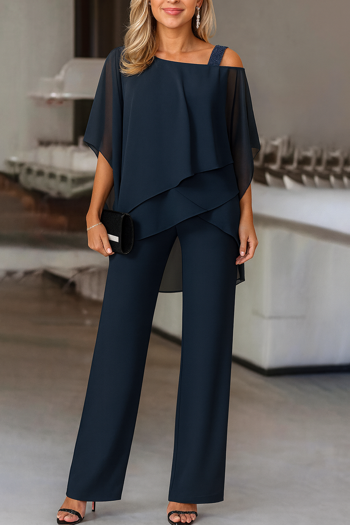 Formal Chiffon Pant Set with Asymmetrical Overlay and Cold Shoulder
