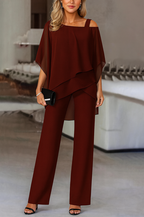 Formal Chiffon Pant Set with Asymmetrical Overlay and Cold Shoulder