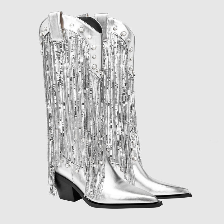 Mid-Calf Cowboy Boots with Fringe for Women