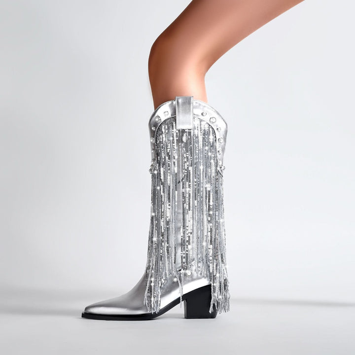 Mid-Calf Cowboy Boots with Fringe for Women