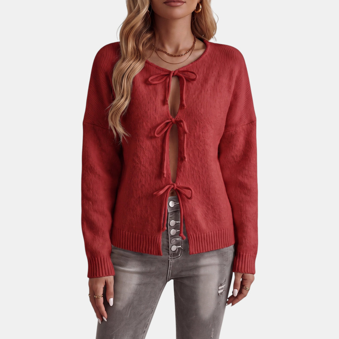 Women's Knit Oversized Cardigan, Tie Front Hip Length