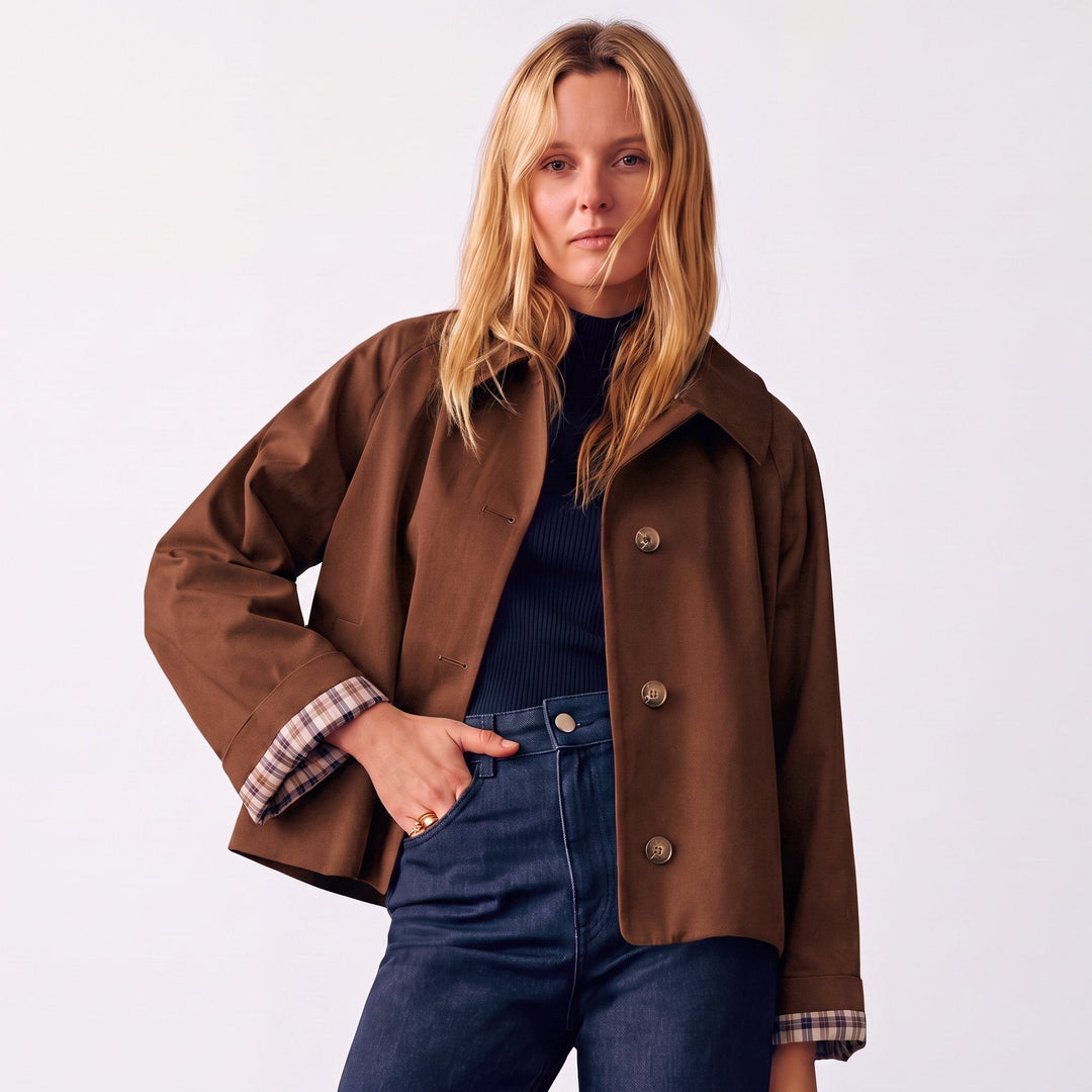 Women's Oversized Short Trench Coat, Button Front Notch Lapel