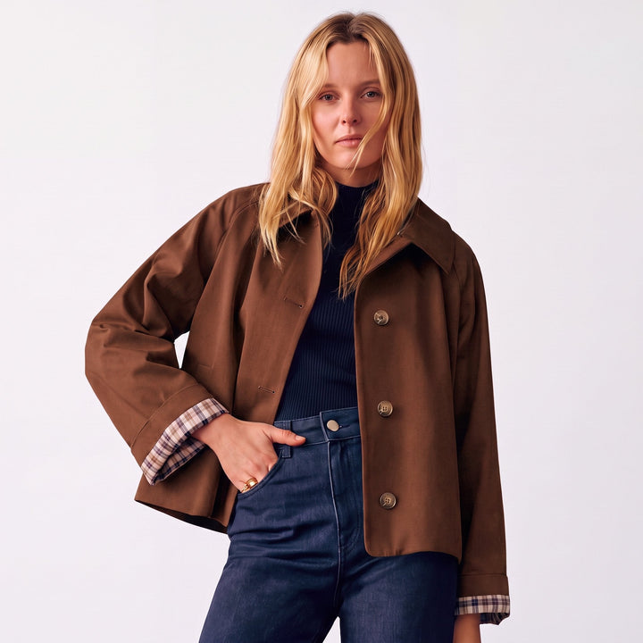 Women's Oversized Short Trench Coat, Button Front Notch Lapel