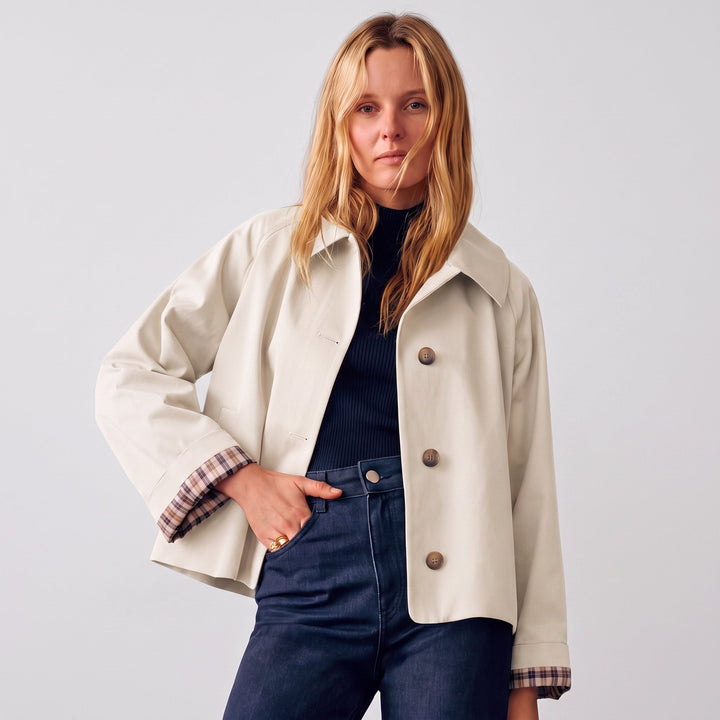 Women's Oversized Short Trench Coat, Button Front Notch Lapel