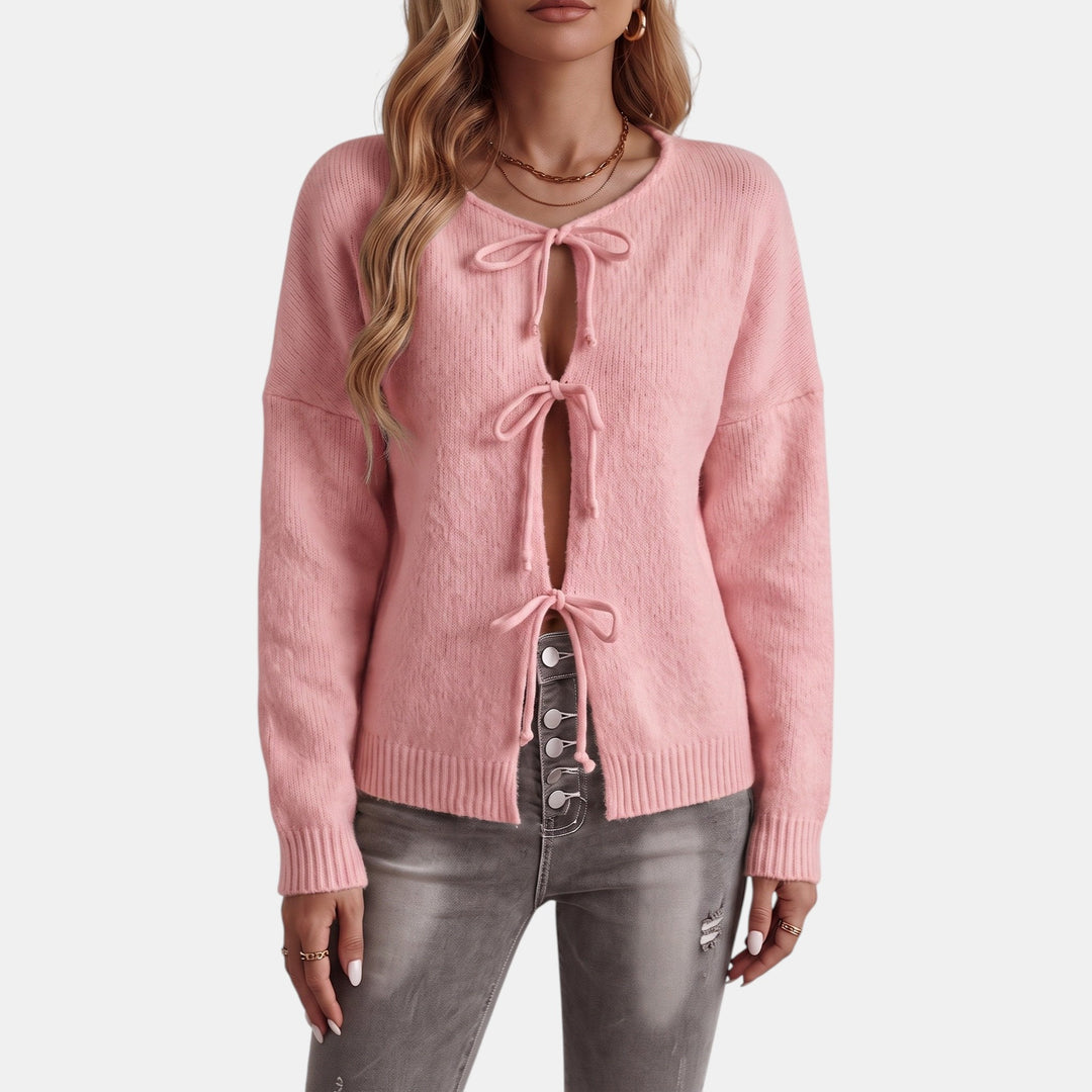 Women's Knit Oversized Cardigan, Tie Front Hip Length