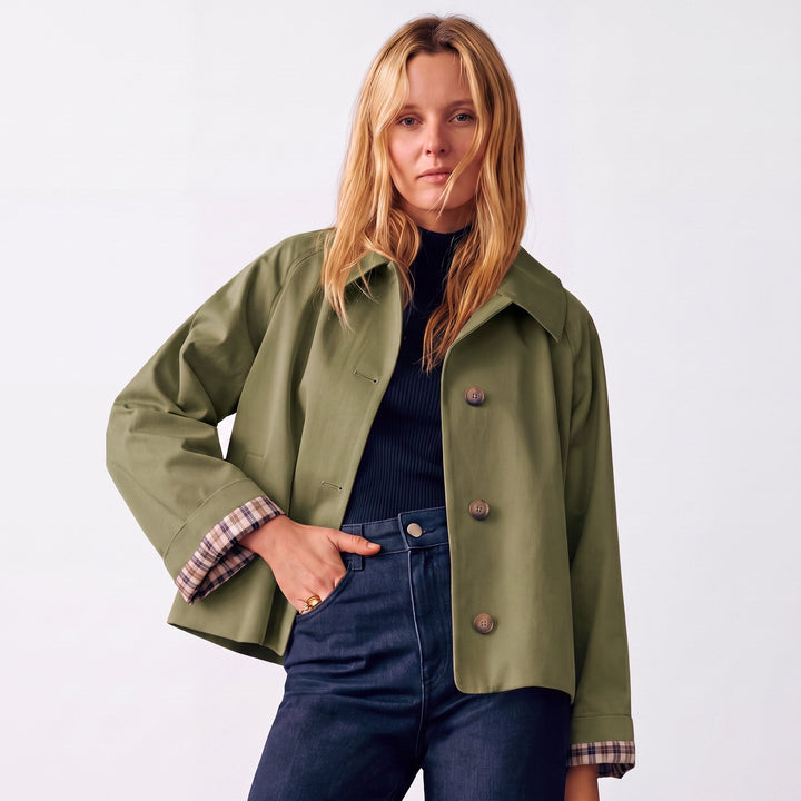Women's Oversized Short Trench Coat, Button Front Notch Lapel