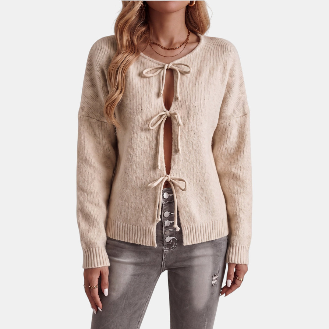Women's Knit Oversized Cardigan, Tie Front Hip Length