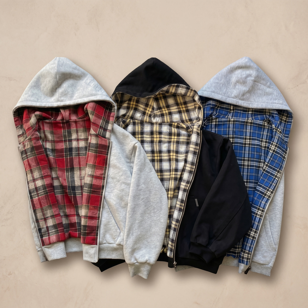 Men's Checkered Patchwork Zip Hoodie | Winter Casual Sweatshirt
