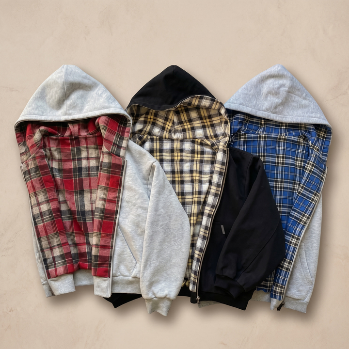 Men's Checkered Patchwork Zip Hoodie | Winter Casual Sweatshirt
