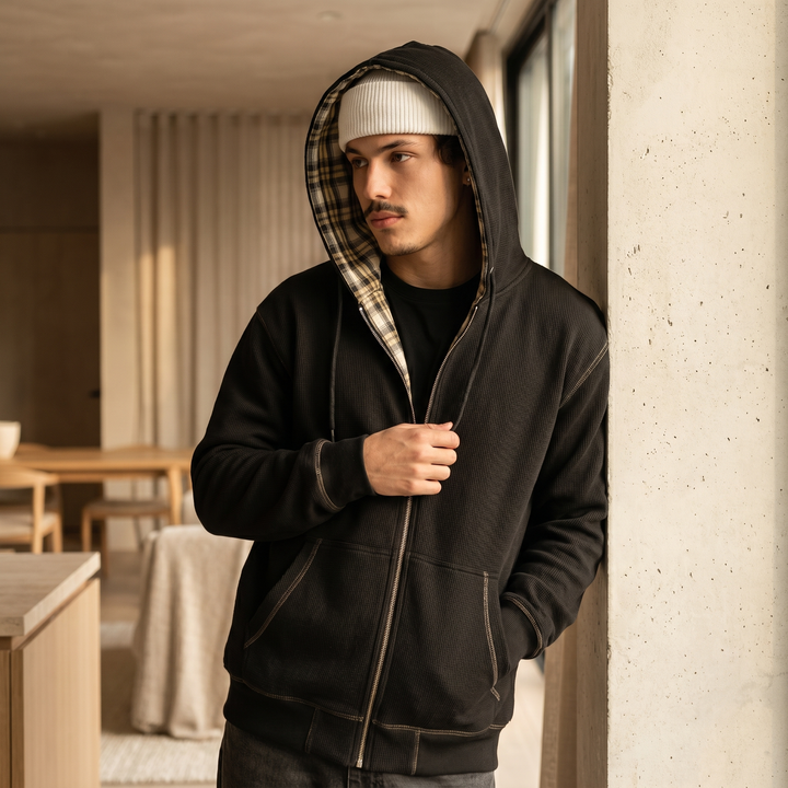 Men's Checkered Patchwork Zip Hoodie | Winter Casual Sweatshirt