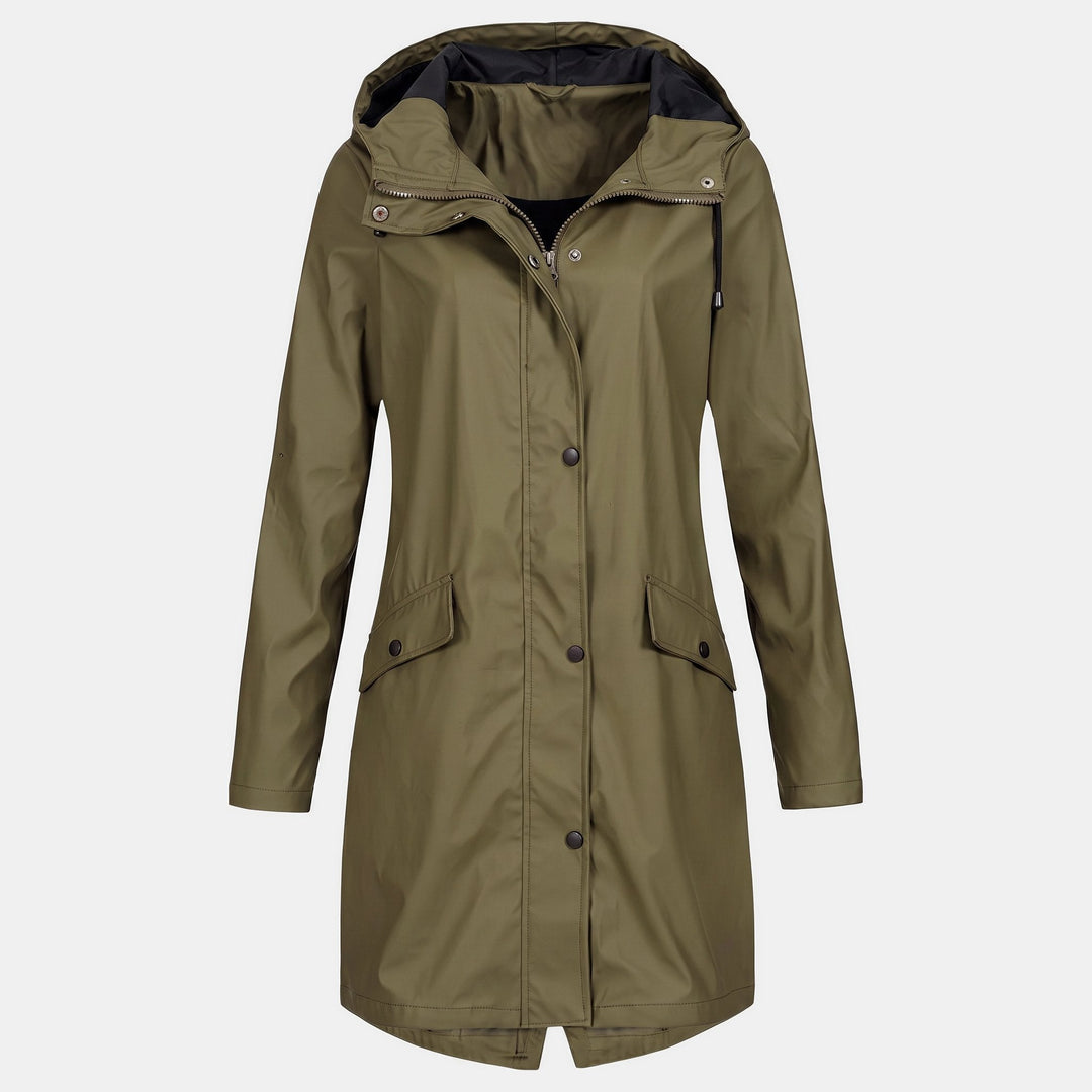 Women's Short Hooded Rain Jacket, Flap Pockets Drawstring Collar