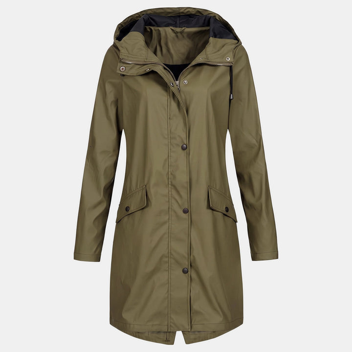 Women's Short Hooded Rain Jacket, Flap Pockets Drawstring Collar