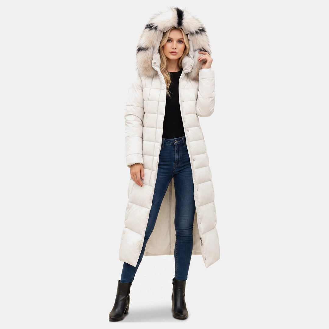 Women's Winter Long Puffer Jacket, Side Pockets Self Tie Belt