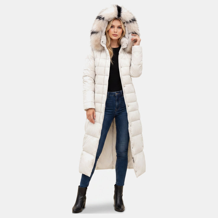 Women's Winter Long Puffer Jacket, Side Pockets Self Tie Belt