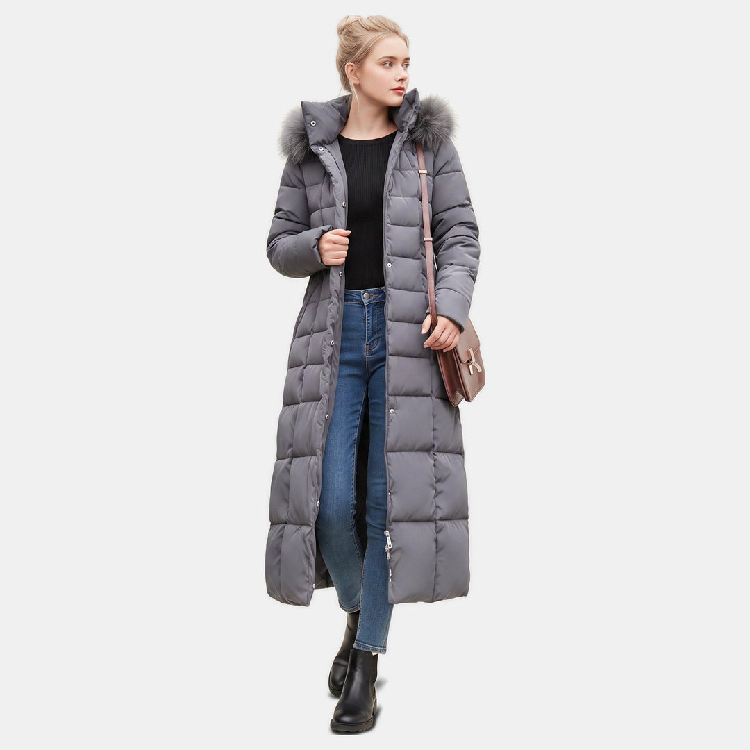 Women's Winter Long Puffer Jacket, Side Pockets Self Tie Belt