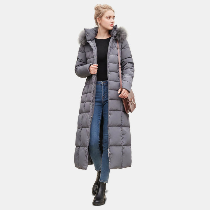 Women's Winter Long Puffer Jacket, Side Pockets Self Tie Belt
