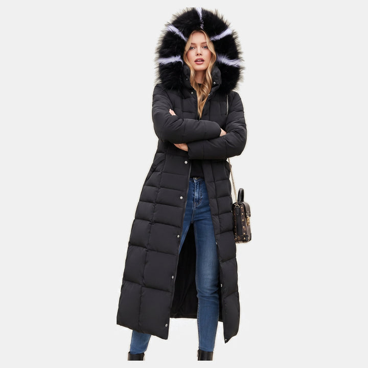 Women's Winter Long Puffer Jacket, Side Pockets Self Tie Belt