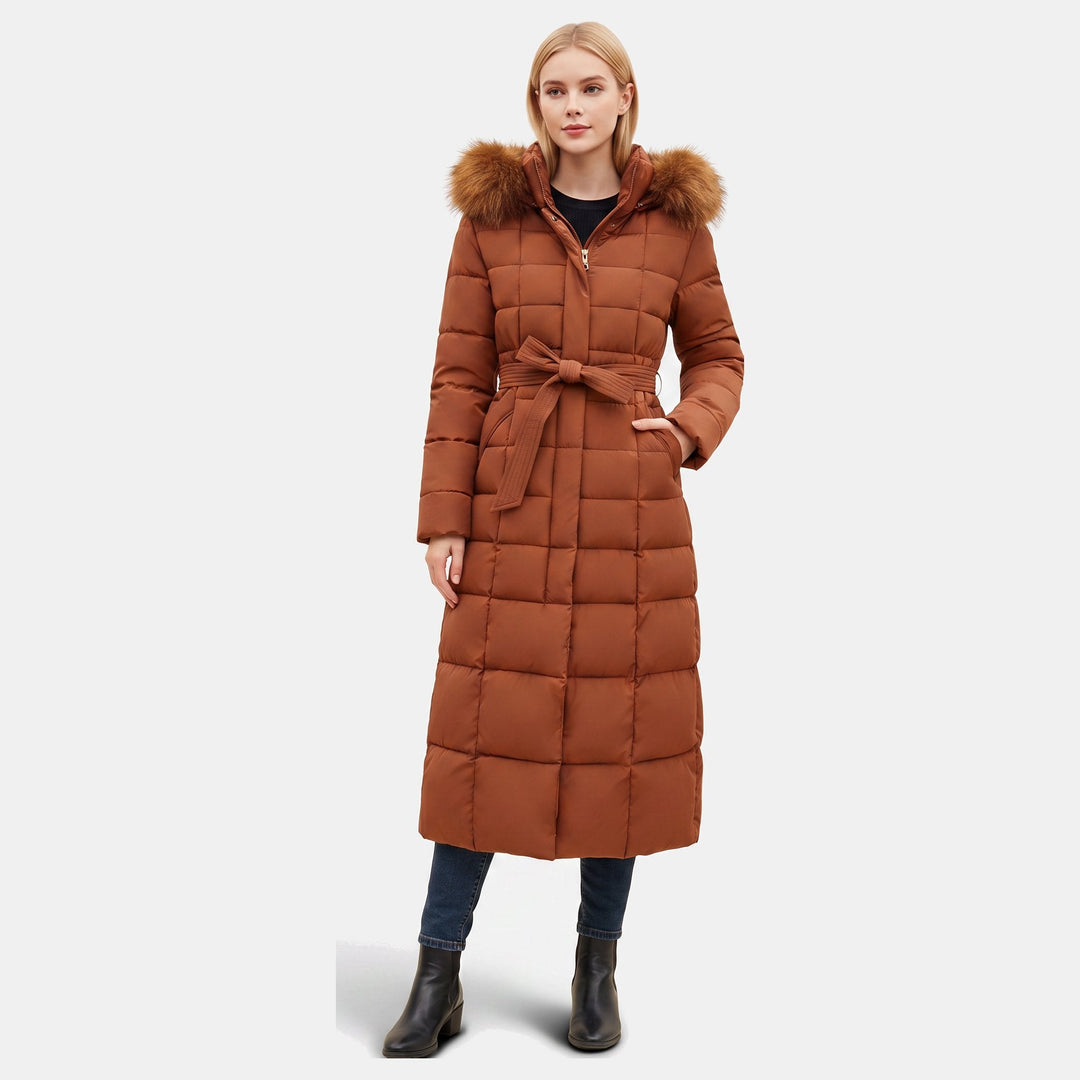 Women's Winter Long Puffer Jacket, Side Pockets Self Tie Belt
