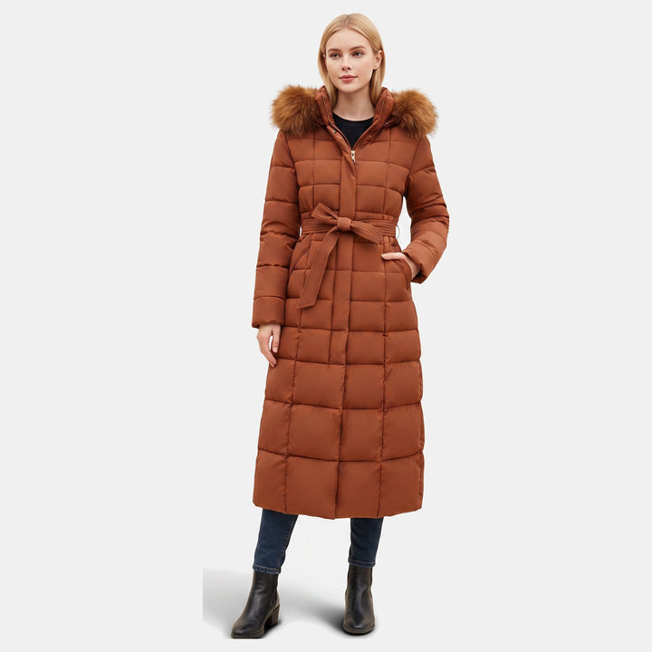 Women's Winter Long Puffer Jacket, Side Pockets Self Tie Belt