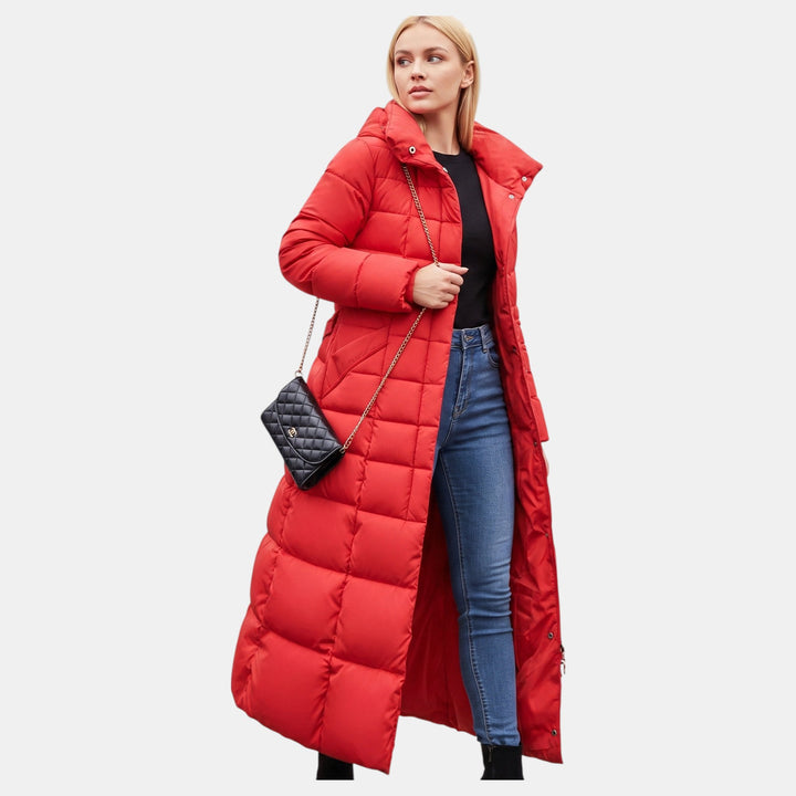 Women's Winter Long Puffer Jacket, Side Pockets Self Tie Belt
