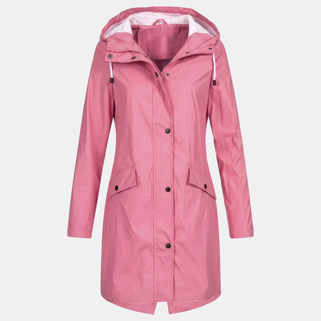 Women's Short Hooded Rain Jacket, Flap Pockets Drawstring Collar