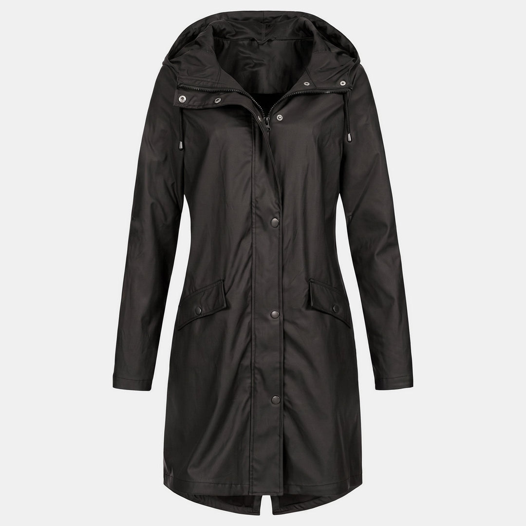 Women's Short Hooded Rain Jacket, Flap Pockets Drawstring Collar