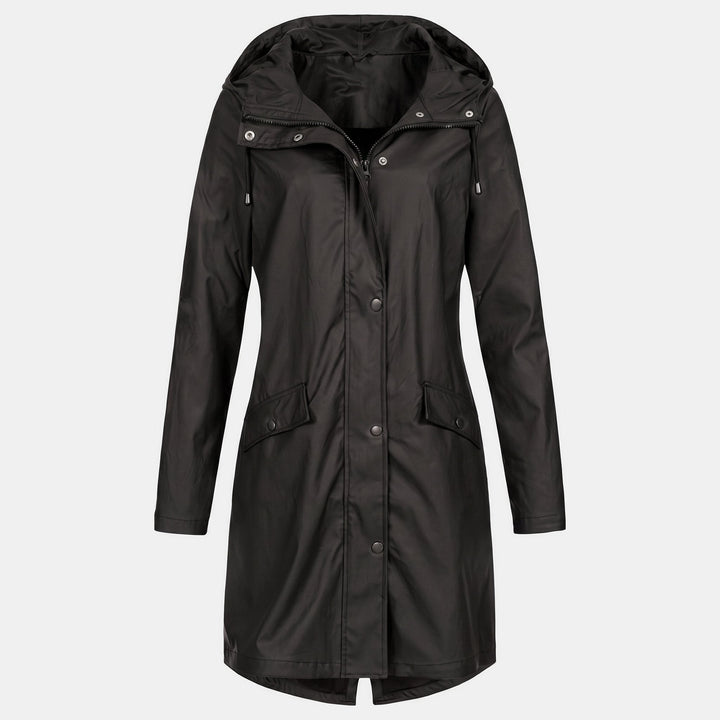 Women's Short Hooded Rain Jacket, Flap Pockets Drawstring Collar