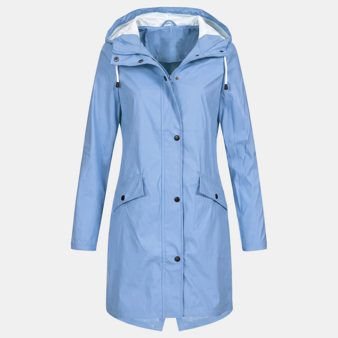 Women's Short Hooded Rain Jacket, Flap Pockets Drawstring Collar