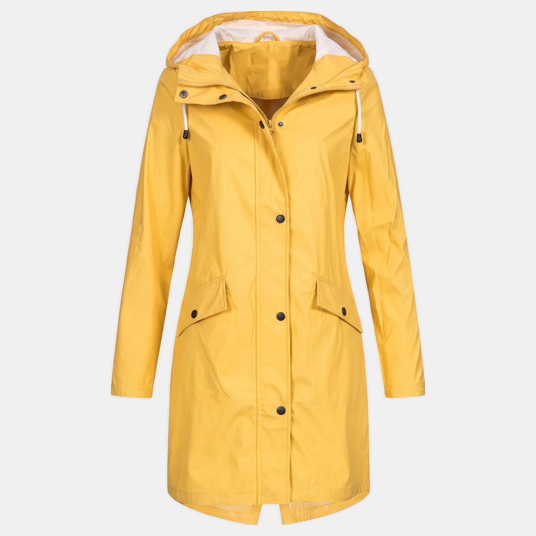 Women's Short Hooded Rain Jacket, Flap Pockets Drawstring Collar