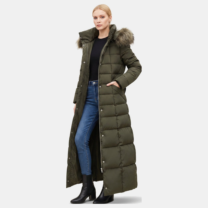 Women's Winter Long Puffer Jacket, Side Pockets Self Tie Belt