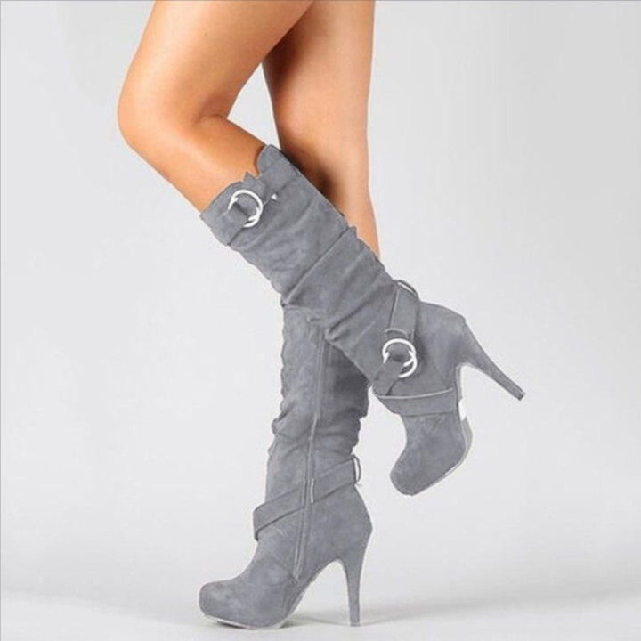 Suede Knee-High Stiletto Boots with Ring Buckle Straps for Women