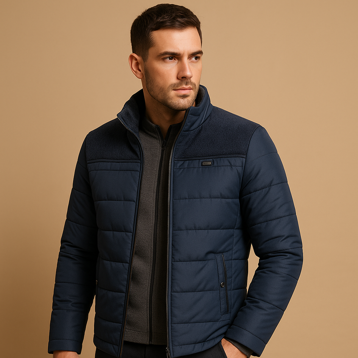 Men’s Quilted Jacket  Stand Collar Zip Up Casual Jacket