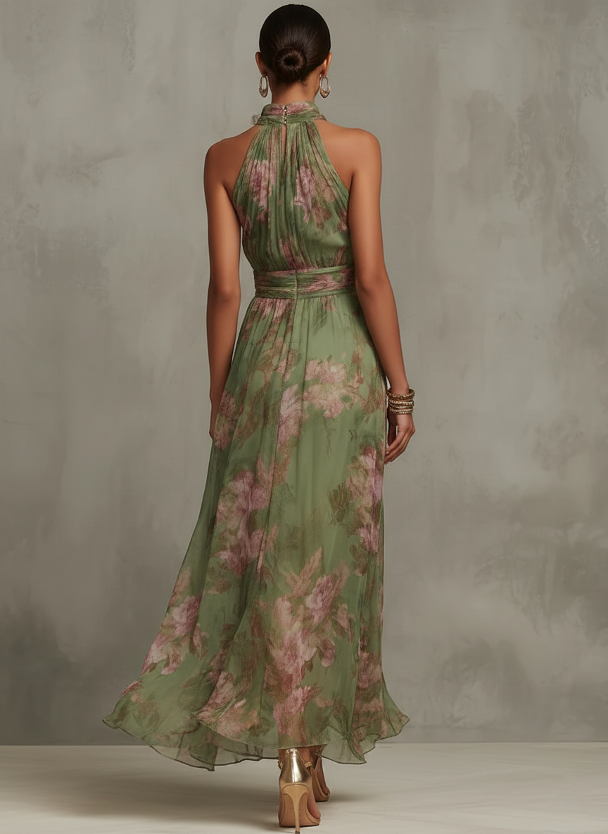 Maxi Chiffon Dress with Halter Neck and Floral Print